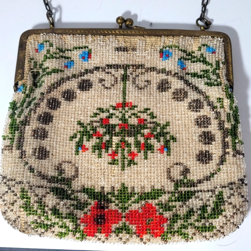 1900s Antique Micro Seed Bead Floral Mosaic Purse Metal Frame